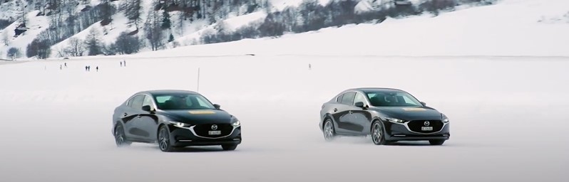Mazda 3 in snow braking Snow Tires vs Chains action.