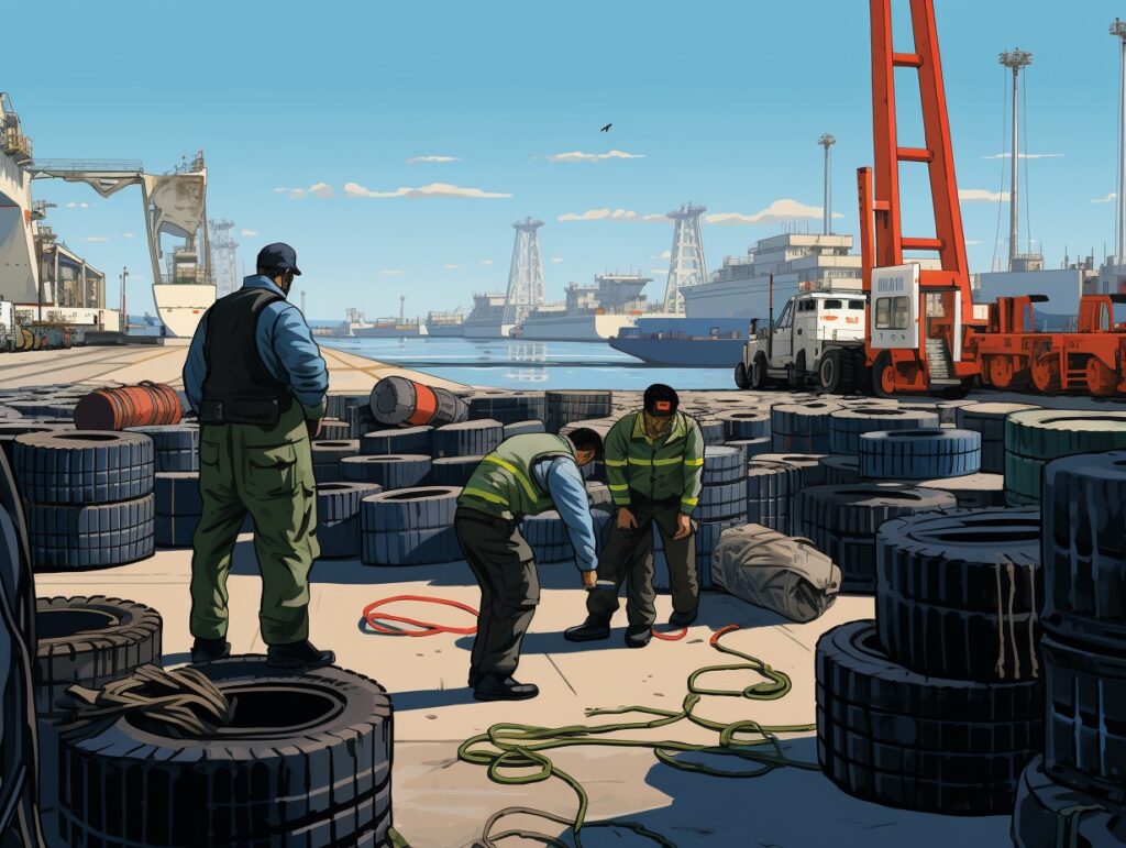 American custom officials inspecting Chinese tire shipments