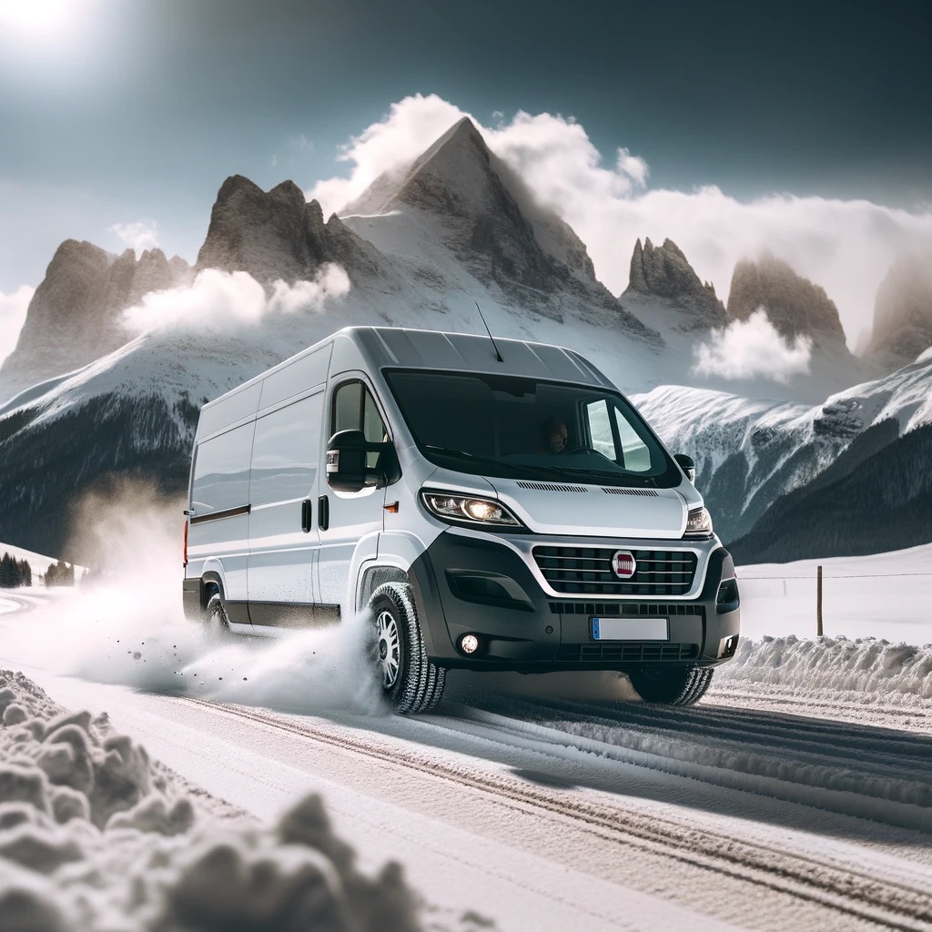 Fiat Ducato van driving on a snow-covered track.