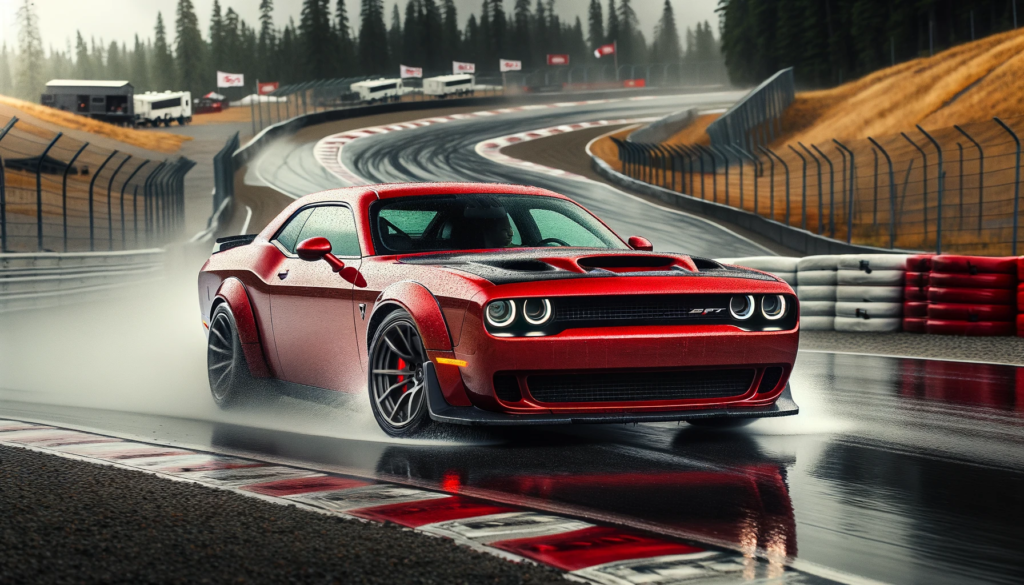 Dodge Challenger Hellcat in wet handling action
