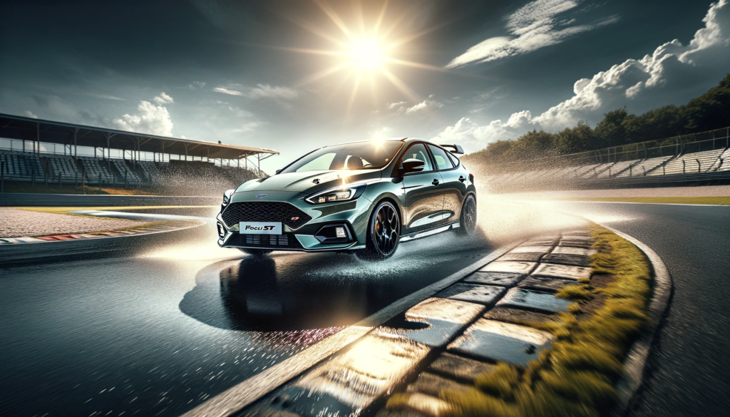 Ford Focus ST on a wet handling track.
