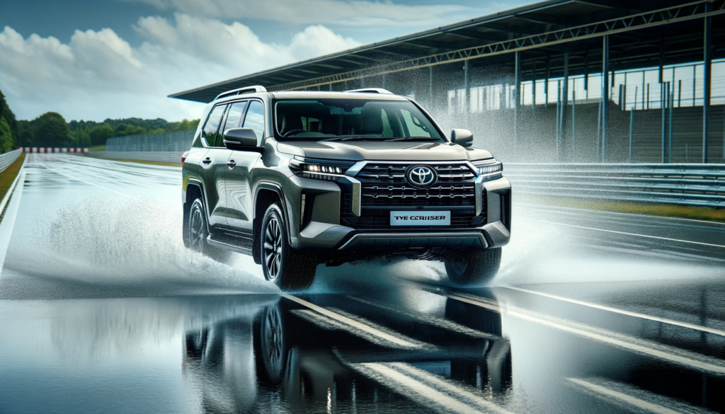 Toyota Land Cruiser Prado on a wet braking track.