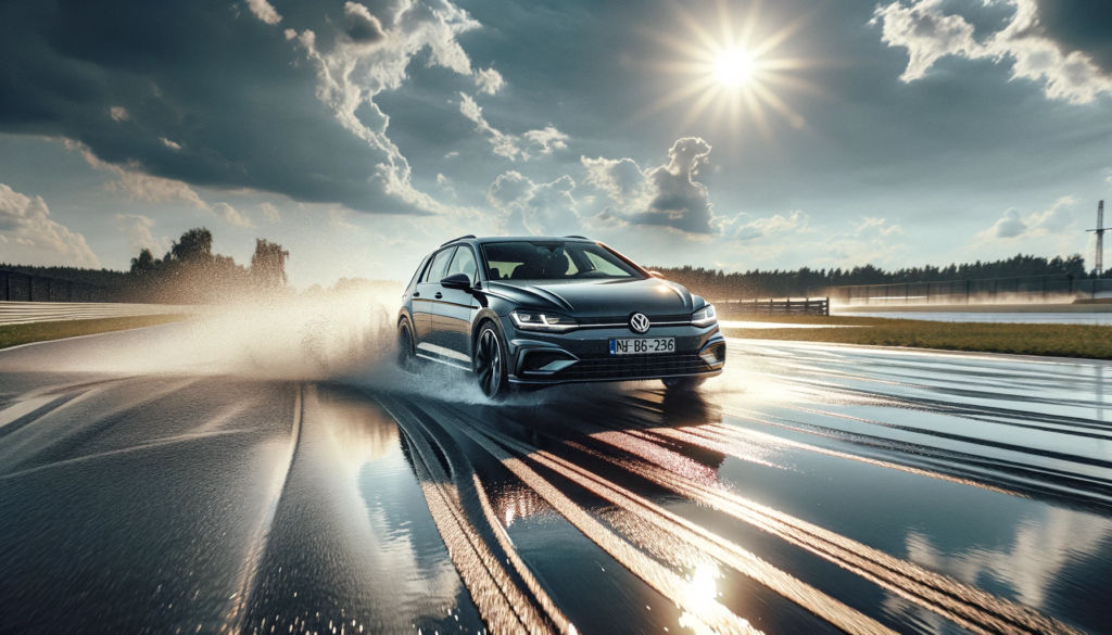 Volkswagen Golf 8 on a wet braking track