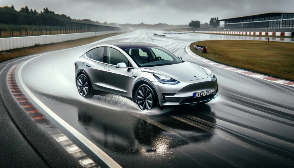 Tesla Model Y on a wet handling track