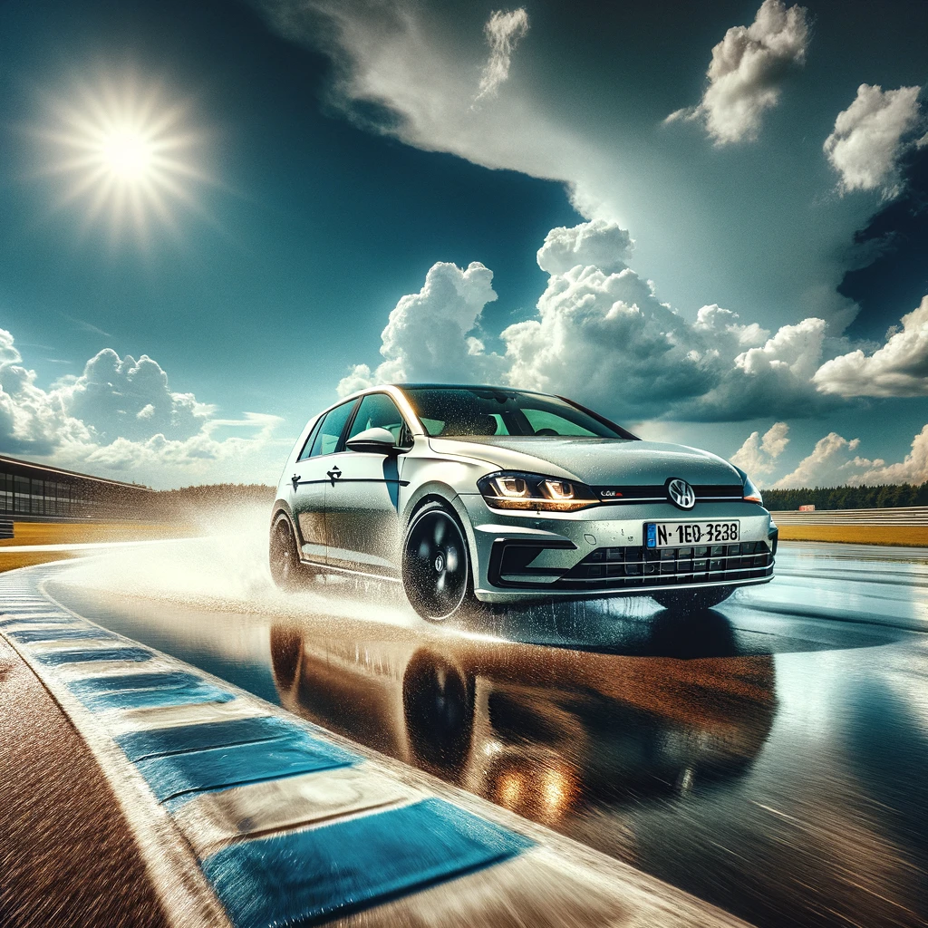 Volkswagen Golf on a wet handling track