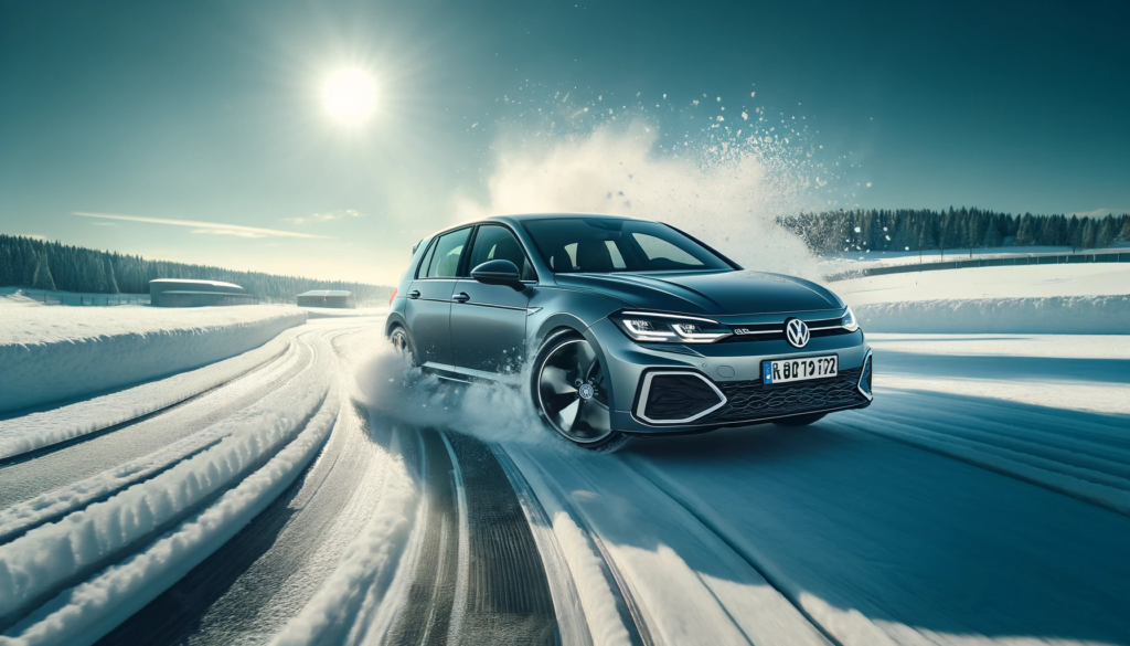 Testing Vehicle of Choice: Volkswagen Golf on a snow handling action.