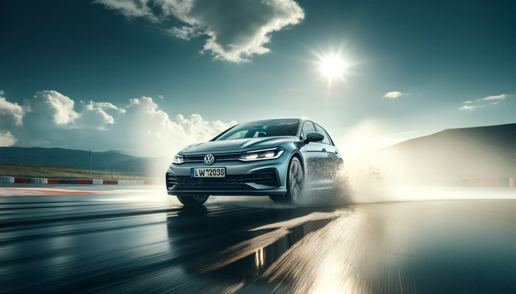 Testing Vehicle of Choice: Volkswagen Golf on a wet handling action.