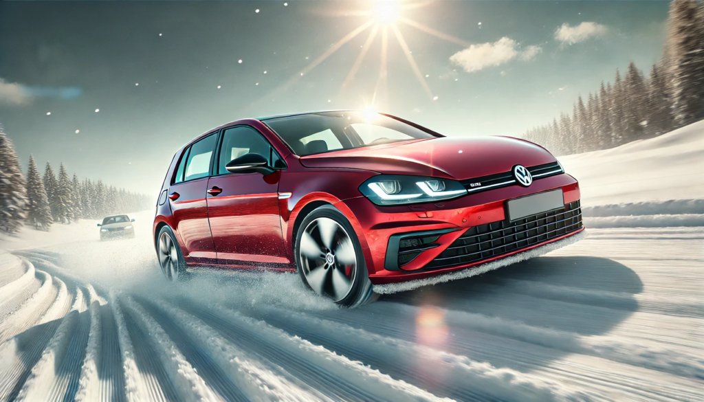 Testing Vehicle of Choice: Volkswagen Golf on a snow handling action.