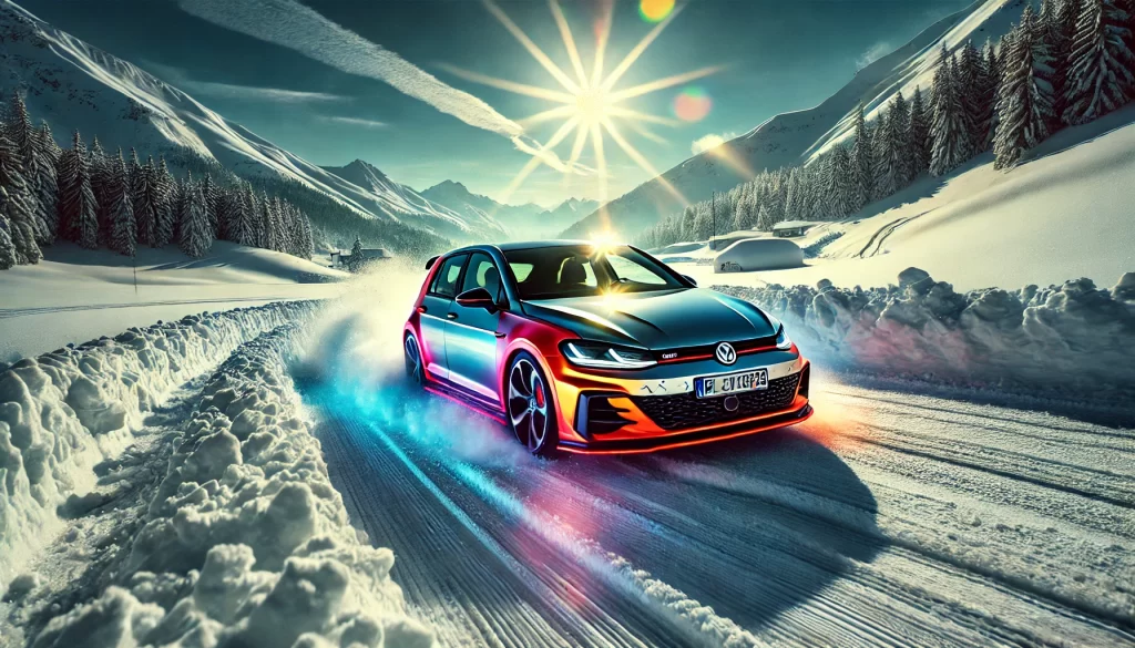 Testing vehicle of choice: Volkswagen Golf GTI on snow handling action