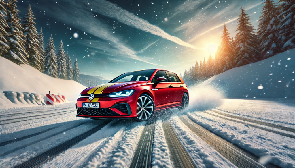 Testing vehicle of choice: Volkswagen Golf on snow handling action