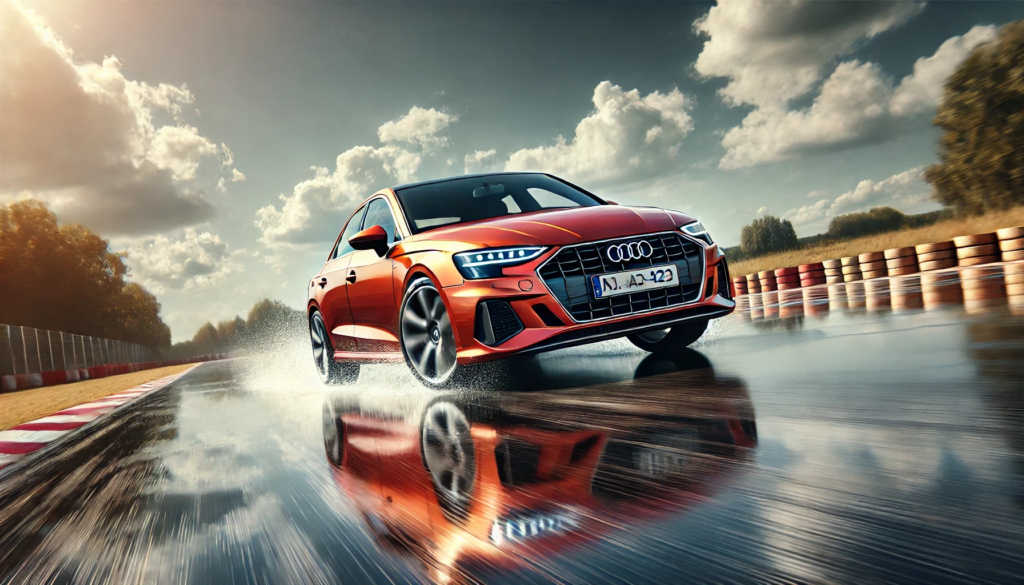 Testing vehicle of choice: Audi A3 on wet handling action.