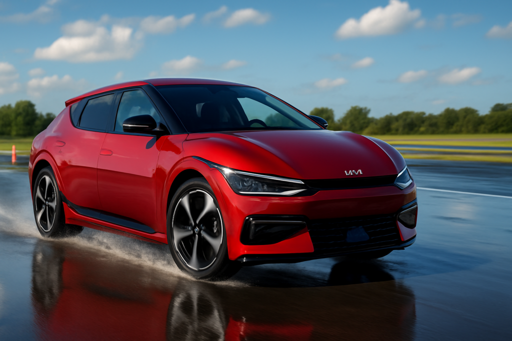 Testing vehicle of choice: Kia EV6 on wet handling action