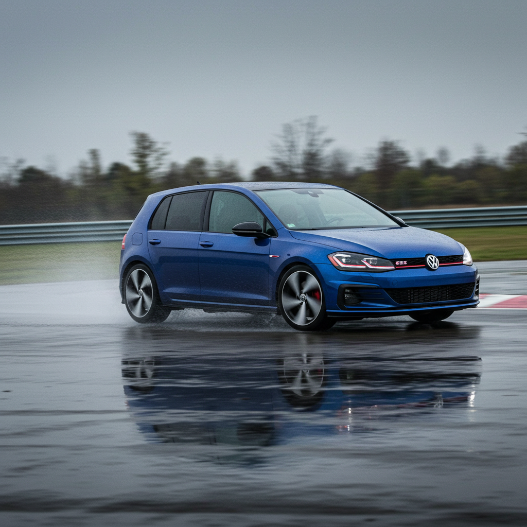 Testing Vehicle of Choice: Volkswagen Golf on a wet handling track