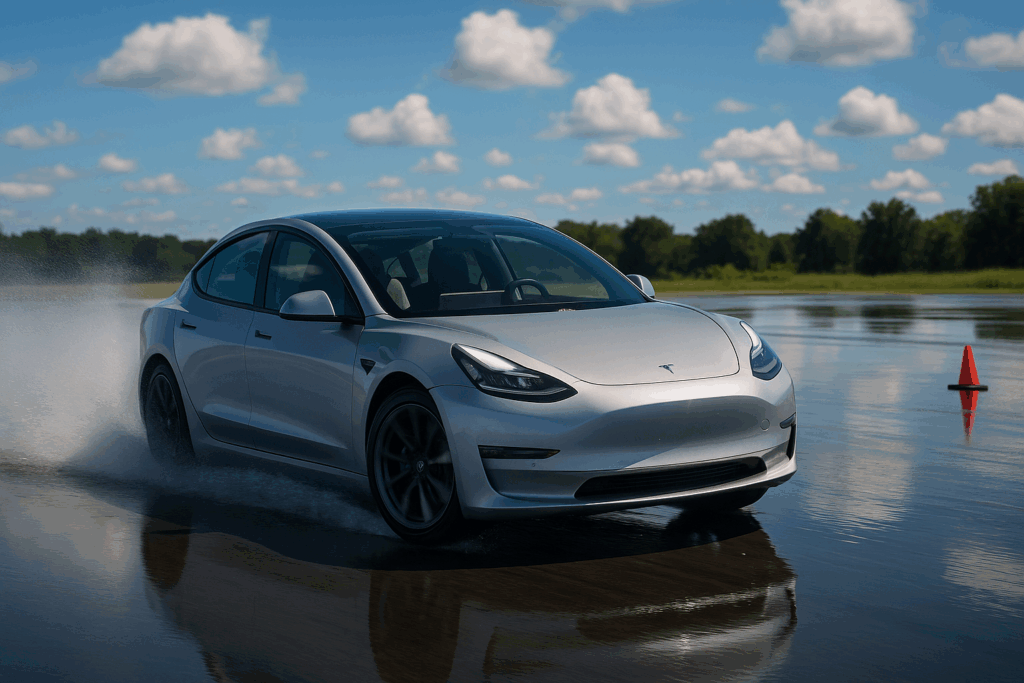 Tesla model 3 on wet handling action