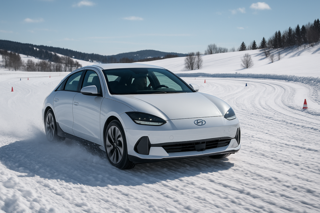 Testing vehicle of choice: Hyundai ioniq 6 on snow handling action