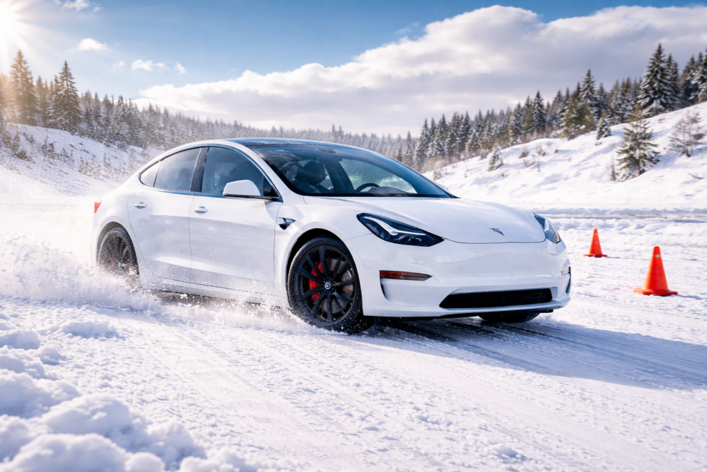 Testing Vehicle of Choice: 2023 Model 3 Performance on snow handling action