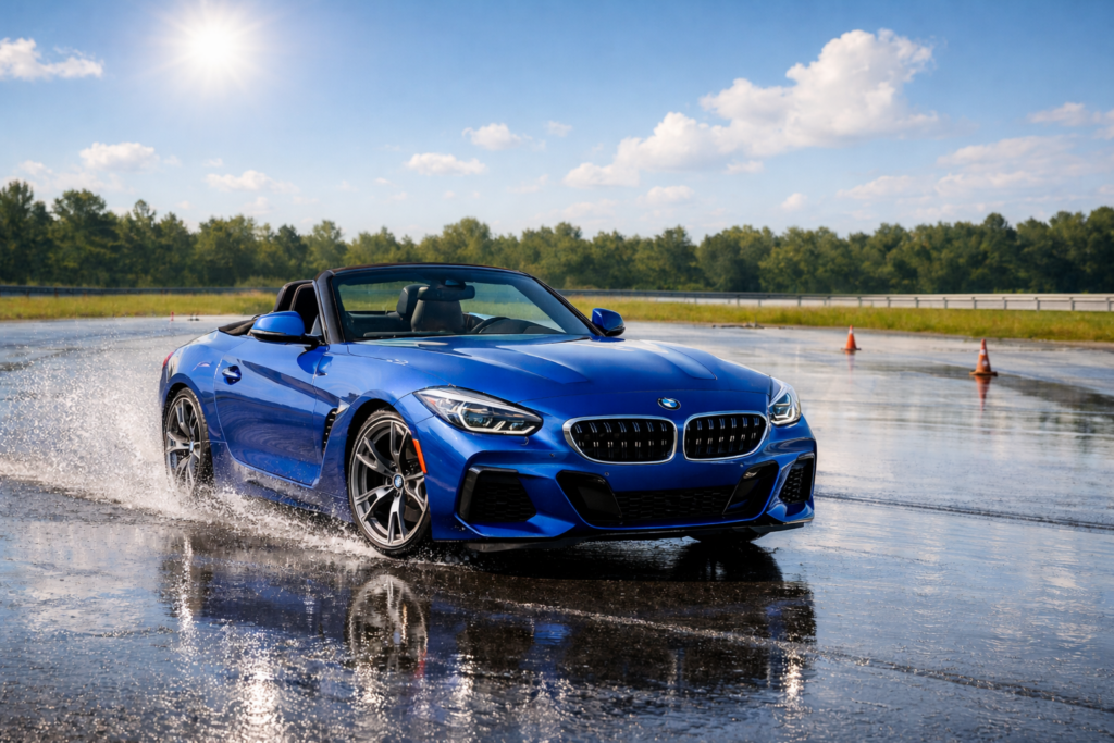 Testing Vehicle of Choice: BMW Z4 on a wet handling action.
