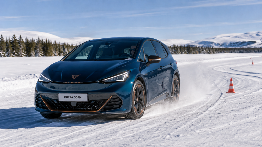 Testing vehicle of choice: Cupra Born on snow handling action