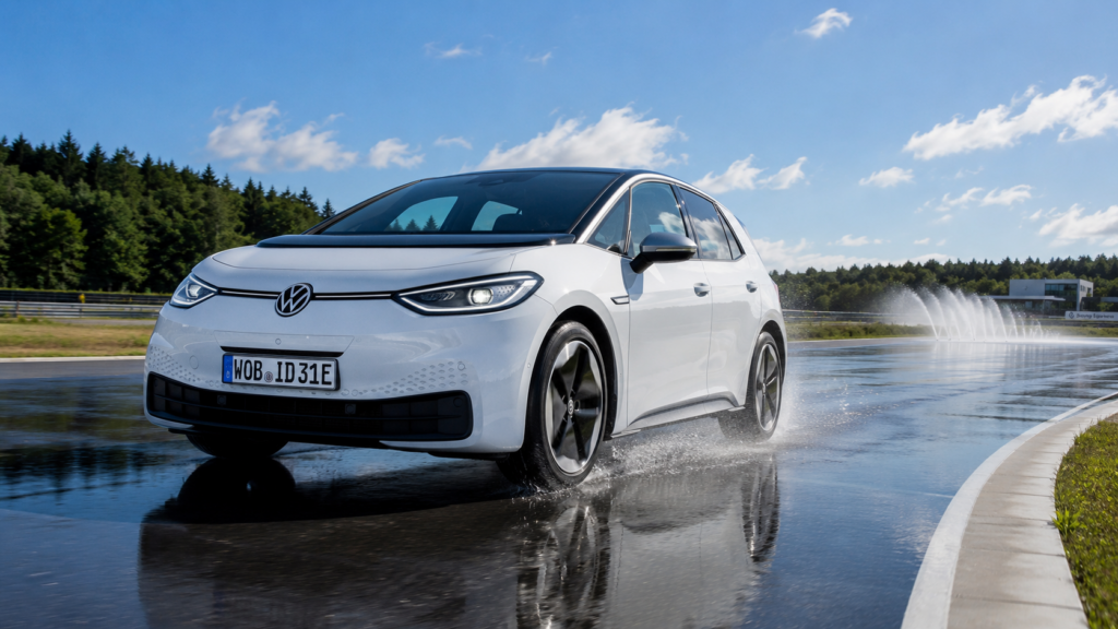 Testing vehicle of choice: Volkswagen ID.3 on wet handling action.