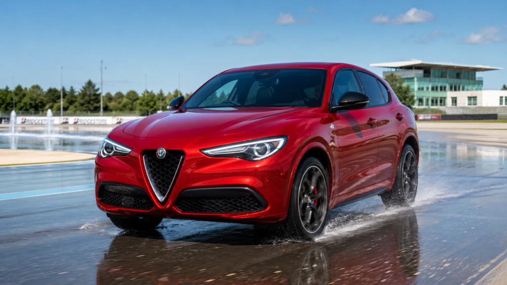 Alfa Romeo Stelvio on wet handling action