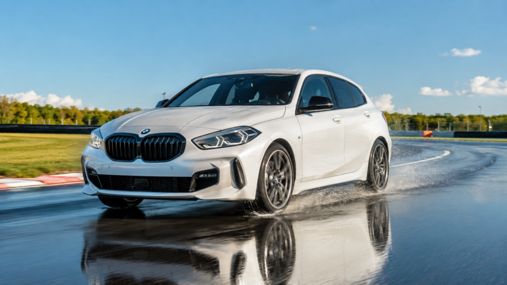Testing Vehicle of Choice: BMW 120 on a wet handling track